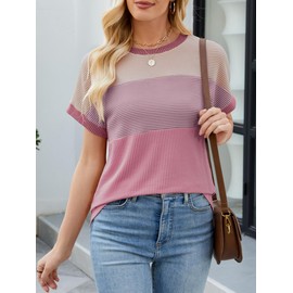 Cakrisyal Womens Color Block Fashion Short Sleeve Crewneck Knitted Spring Summer Casual Loose T Shirts Tops Pink M