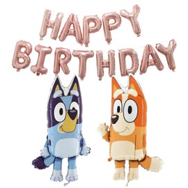 Toyland® Bluey & Bingo Folienballon-Set – 2 x 80 cm (32 Zoll) Charakterballons & 1 x 16 Zoll roségoldenes Happy Birthday-Ballonbanner – Partydekoration für Kinder