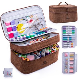 AMOIGEE Organizador de accesorios de costura de doble capa con cojín de alfiler, bolsa grande de almacenamiento de costura para hilo, nociones y herramientas, bolsa portátil de costura de viaje para