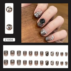 FIEONCIY Press on Nails Square Short Length Glossy Full Cover Acrylic Short Square Shaped False Nails with French Designs Artificial Fake Nails Glue Stick ons Fingernails for Women Girls(Z1008)