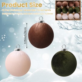 12 Pcs Velvet Ornaments for Christmas Tree,3.15inch Christmas Ball Ornaments,Christmas Tree Ornament Velvet Balls,Neutral Christmas Ball Ornament, Xmas Decorative Hanging Ornament (Classic Color)