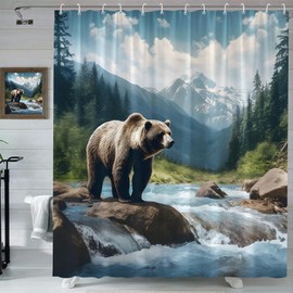 Rustic Bear Shower Curtain Vintage Cabin Lodge Green Forest Tree Mountain Lake Woodland Hunting Camping Adventure Wildlife Animal Stream River Landscape Polyester Fabric Bathroom Curtain with Hook