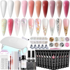 Fcozpjk Poly Gel Nail Kit with UV Light, 12 Colors Builder Gel Nail Extension Kit for Beginners with Everything, Dual Nail Forms Slip Solution Chunky Glitter Poly Gel Nail Art Design Starter Kit