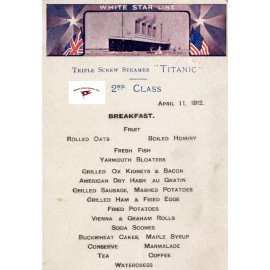 RMS TITANIC SECOND CLASS BREAKFAST MENU REPLICA APRIL 11, 1912