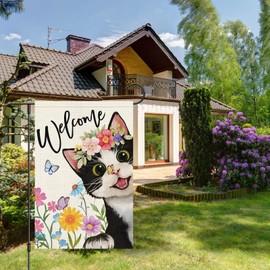Heyfibro Welcome Spring Cat Garden Flag Spring Summer Floral Flower Garden Flags 12 x 18 Inch Burlap Double Sided Vertical Butterfly Yard Flags for Seasonal Outside Outdoor Decoration (ONLY FLAG)