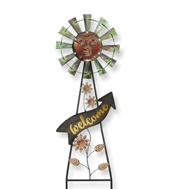 TERESA'S COLLECTIONS Garden Decor with Solar Outdoor Lights, Wind Spinner Yard Art Sign for Outside, 26'' Bronze Metal Sun Face Windmill Decorative Garden Stake for Lawn Ornaments, Gifts for Mom