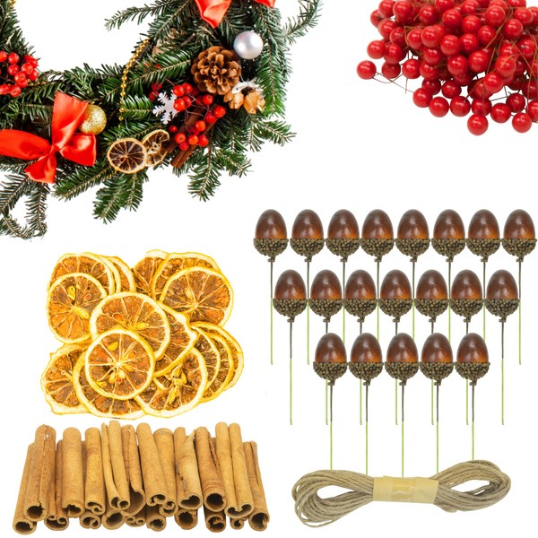 Festive Fix 210Pcs Artificial Berries Orange Slices Acorn & Cinnamon Sticks – Christmas Wreath Making kit | Artificial Fruit for Christmas Wreath Decorations | DIY Wreath Making supplies for Xmas