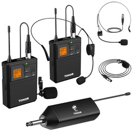 TONOR Dual Microfono Inalambrico UHF con Micrófono Diadema/Lavalier Solapa Bolsillo Mic, Bodypack Transmisor, Mini Receiver 1/4 pulgadas Salida, 60M para Actuaciones en Vivo Reuniones Lglesia Discurso