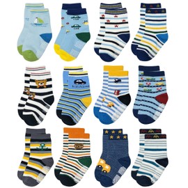 RATIVE Non Skid Anti Slip Cotton Crew Baby Babies Infant Infants Socks for Boy Boys 6-9 6 9 12 Month Months Old With Walker Grip Grippers (6-12 Months,12-pairs/RB-912916)