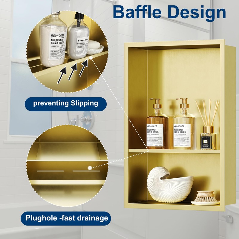 2-Tier Stainless Steel Shower Niche,Golden, 12" X18"