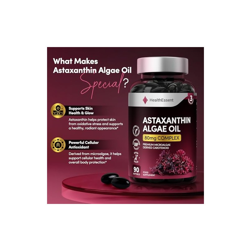 HealthEssent Astaxanthin High Strength Algae Oil 80mg Complex - Microalgae