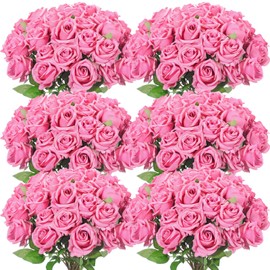 Jexine 50 Pcs Artificial Rose Flower Bulk Realistic Silk Fake Roses with Long Stem Plastic Artificial Flower Bouquet Real Looking for Home Wedding Centerpieces Party Decoration(Dark Pink Champagne)