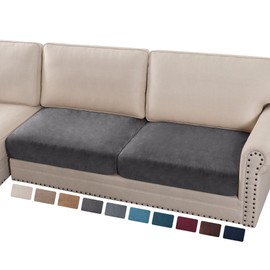 PrinceDeco Velvet Couch Cushion Cover Soft Stretch Cushion Slipcover for Chair Loveseat Sofa Cushion Furniture Protector Seat Cushion Sofa Cover (2 Piece Large Sofa Cushion Covers, Grey)