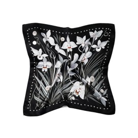 MayTree 100% Mulberry Silk Scarf for Women Colourful Orchids Square 53 x 53 cm, black-white