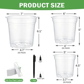 YZNlife 5/6/7/ Gallon Clear Nursery Pots,3 Size Set 60 Pcs, Round Plastic Plant Pots with Drainage Holes 100pcs Plant Labels for Seedlings Herbs Flowers Vegetable