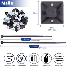AGT Kabelbinder Klebesockel: 800er-Set UV-beständige Kabelbinder mit Sockel, schwarz (mit Haltesockel)