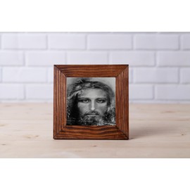 Jesus Christ Face The Shroud of Turin Mini Canvas 4"x4" Brown Wood Frame Available, Desktop Canvas Print Perfect Small Places