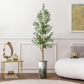 Artificial Tree in Green & Black Watercolor Forest Pine Planter, Fake Olive Silk Tree for Indoor and Outdoor Home Decoration - 68" Overall Tall (Plant Pot Plus Tree)