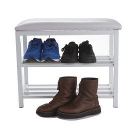 Mind Reader SHOEBEN3T-WHT 3 Tier Bench, Organizer, Storage Shelf with Cushion for Sitting, Shoe Rack for Entryway Hallway Bathroom Living Room and Corridor, White