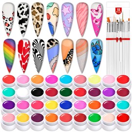 SAVILAND 36 Colors Gel Paint Kit: Solid Nail Art Gel Polish with 15 pcs Painting Drawing Nail Brushes for DIY Nails Art Design & Manicure Home Salon Use