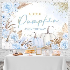 Mocsicka Pumpkin Baby Shower Backdrop for Boy Blue Boho Floral Pumpkin Baby Shower Party Decorations Little Pumpkin is on The Way Background Photoshoot Booth Studio Props (Blue, 7x5ft)