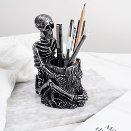 Arola Skull Pen Pencil Holder Skeleton Key Holder Makeup Brush Holder Home Office Desk Supplies Organizer Accessory（Silver-Plated）
