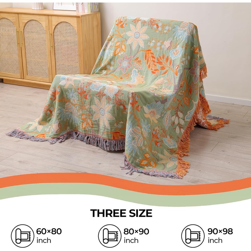 HOORDRY 4-Layer Cotton Gauze Blanket - Reversible, Bohemian Style with