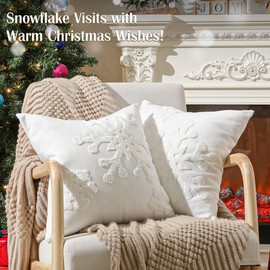 Lewondr Christmas Throw Pillow Cover, 2 Pack Snowflake Embroidery Decorative Throw Pillow Case Linen Sofa Cushion Cover for Party Thanksgiving Day Xmas Decor 16"x16"(40x40cm) - White