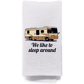 Funny RV Kitchen Towel - We like to sleep around - Class A Waffle Weave Towel - 16x24 Inch Hand Towel for Kitchen - Perfect for RV-Camping-Father's-Day-Birthday-Retirement Gift (Black)