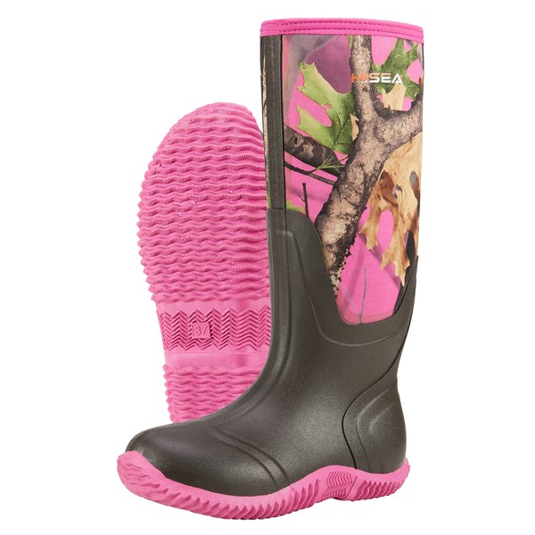 HISEA Women's Rain Boots, Knee High Rubber Boots Waterproof Insulated Neoprene Muck Boots, Durable Anti-Slip Outdoor Work Boots for Hunting Gardening Farming Yard Mud Working, Size 8 Pink Camo