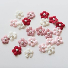 15mm / 0.59" Tiny Satin Fabric Flowers with Faux Pearls, Mini Delicate Flowers, Sew On Flower, Wedding Dress Applique, Mini Floral Decor for Doll Dress Sewing, 25PCS (#8)