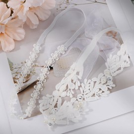 Vovii Baptism Headband for Baby Girl, White Lace Baby Headband Baptism Hair Accessories for Baby Girls, White Newborn Bow Flower Christening Headband with Pearl for Baby Girl Toddlers Baptism