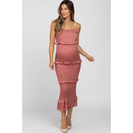 PinkBlush Mauve Satin Smocked Fitted Maternity Midi Dress