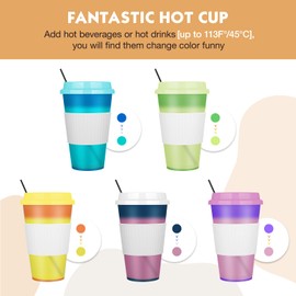 NUZEKY Plastic Coffee Cups with Lids Straws: 16oz 5 Pcs Colour Changing Cups for Hot & Cold Drinks - Iced Coffee Cup Party Tumbler Bulk for Kids Adults - Party Smoothie Cup Travel Mugs