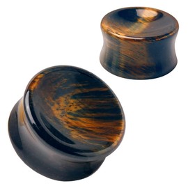 Pierced Owl Natural Concave Dark Tiger Eye Stone Double Flared Saddle fit Plugs, Sold as a Pair (16mm (5/8"))