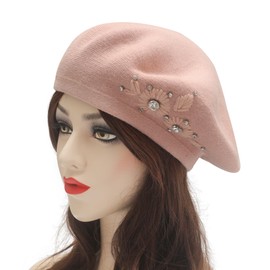ZLYC Womens French Beret hat, Reversible Solid Color Cashmere Mosaic Warm Beret Cap for Girls(Embroidered Flowers Pink)
