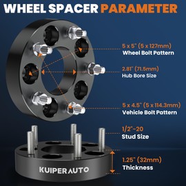 KUIPERAUTO 5x4.5 to 5x5 Wheel Spacers, 1.25 inch 5X114.3mm to 5x127mm Forged Wheel Adapters Compatible for 1987-2006 Jeep Wrangler, 1/2"-20 Studs 71.5mm Center Bore 4PCS Black