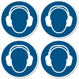 Use Hearing Protection Mandatory Sign: M003 - DIN EN ISO 7010 / ASR A1.3 - Sticker: Diameter 10 cm, Pack of 4
