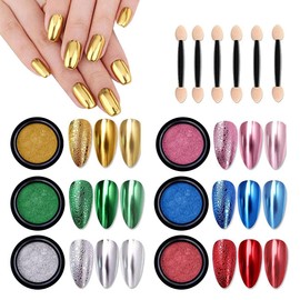 VERONNI Chrome Nail Powder 6 Colors/Jars Holographic Mirror Effect Nail Powders Metallic Bubble Effect Nail Art Decoration Nail Art Powder With 6 Eyeshadow Sticks