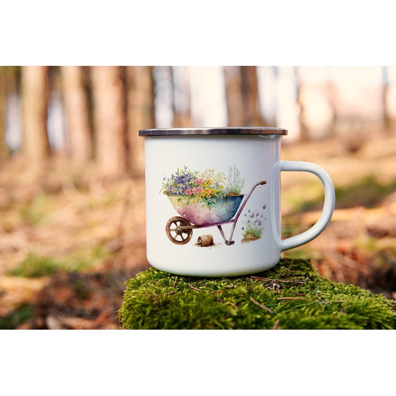MAXIKIWI Langlebige Emaille-Kaffee- oder Tee-Camping-Tasse für drinnen und draußen, Frühlings-Schubkarre,