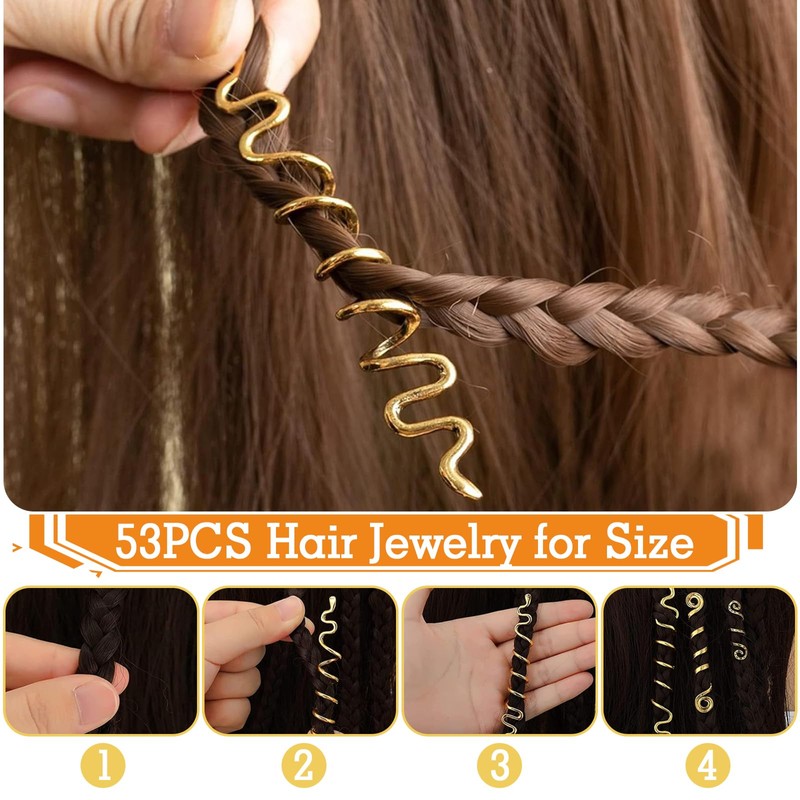 WD&CD 53 Stück Gold-Haarschmuck, Dreadlocks Schmuck, Metall-Gold-Zöpfe Dreadlock-Zubehör Haarspiralen Clips