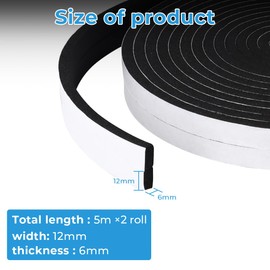 Storystore Foam Insulation Tape, 12mm(W) x 6mm(T) Weather Stripping, High Density Neoprene & Foam, Door & Window Seal, Soundproof, Shockproof, Furniture Protective (2 pcs, 10M Long)