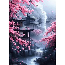 MAXBYE Cherry Blossom Diamond Painting Art Kits, 5D Diamond Art Complete Set DIY Gem Crafts for Adults Beginners, House Round Diamond Pictures Crystal Cross Stitch Home Wall Decor 30 x 40 cm