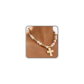 Chunky Gold Hammered Cross Pendant Necklace Large Two Tone Pearls Beaded Crucifix Choker Necklaces for Women Vintage Geometric Pearl Cross Statement Jewelry (Gold)