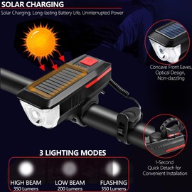 Bike Horn Headlight Solar/USB Dual Charging Bike Horn Light High Brightness Bike Headlight Waterproof Bike Horn Light Ideal for Mountain and Road Night Riding Essential Gear for Night Cycling (Red)