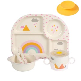 Shopwithgreen 5Pcs/Set Bamboo Kids Dinnerware Set - Children Dishes - Food Plate Bowl Cup Spoon Fork Set Dishware, Cartoon Tableware, Dishwasher Safe Kids Healthy Mealtime, BPA Free (Rainbow)