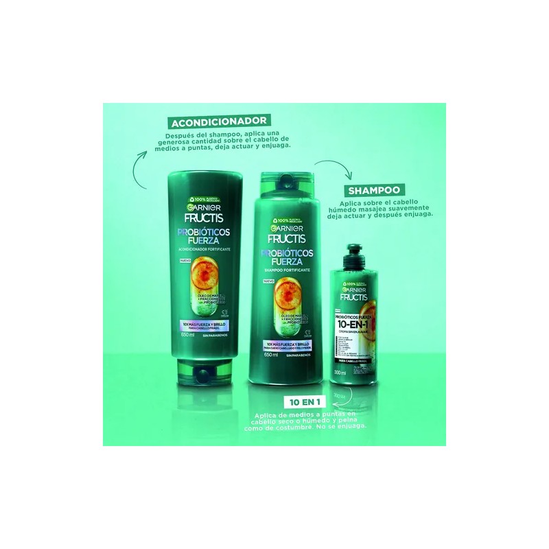 Rutina Capilar Garnier Fructis Probióticos – Shampoo, Acondicionador y 10