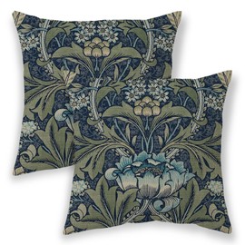 BETGINY Vintage Floral Boho Pillow Covers 18x18 Inch 2 Pcs, Navy Blue Green William Morris Flower Decorative Throw Pillows,Rustic Botanical Outdoor Decor Pillowcase Linen Cushion Cover for Couch Sofa