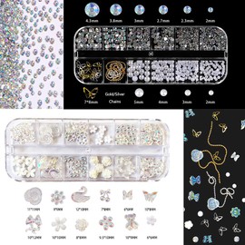 3D Nail Charms - Crystal Nail Gems for Nail Art - Flat Back Nail Rhinestones & Pearls - Aurora Bear Flowers Bow Nail Art Charms - Silver Gold Chains Nail Stuff for Nail Decorations