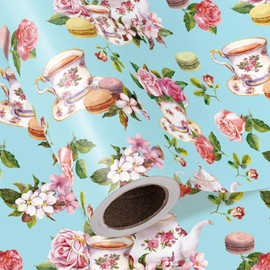 WRAPAHOLIC Tea Party Wrapping Paper - Mini Roll - 17 Inch x 16.5 Feet - Elegant Teapot, Macaron Cakes and Pink Floral Wrapping Paper Perfect for Tea Party, Birthday, Wedding, Bridal Shower